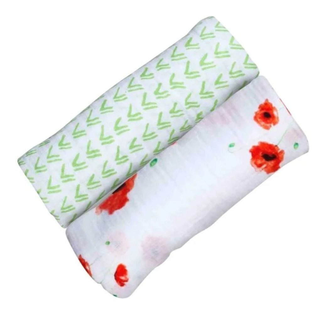 Malabar Baby 2 Pack Organic Muslin Swaddles Gift Set Poppyfield and Grass NEW